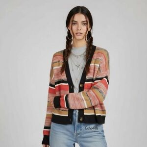 Nordstrom Sweaters Bp Black Multicolored V Neck Marl Stripe Crop Cardigan L